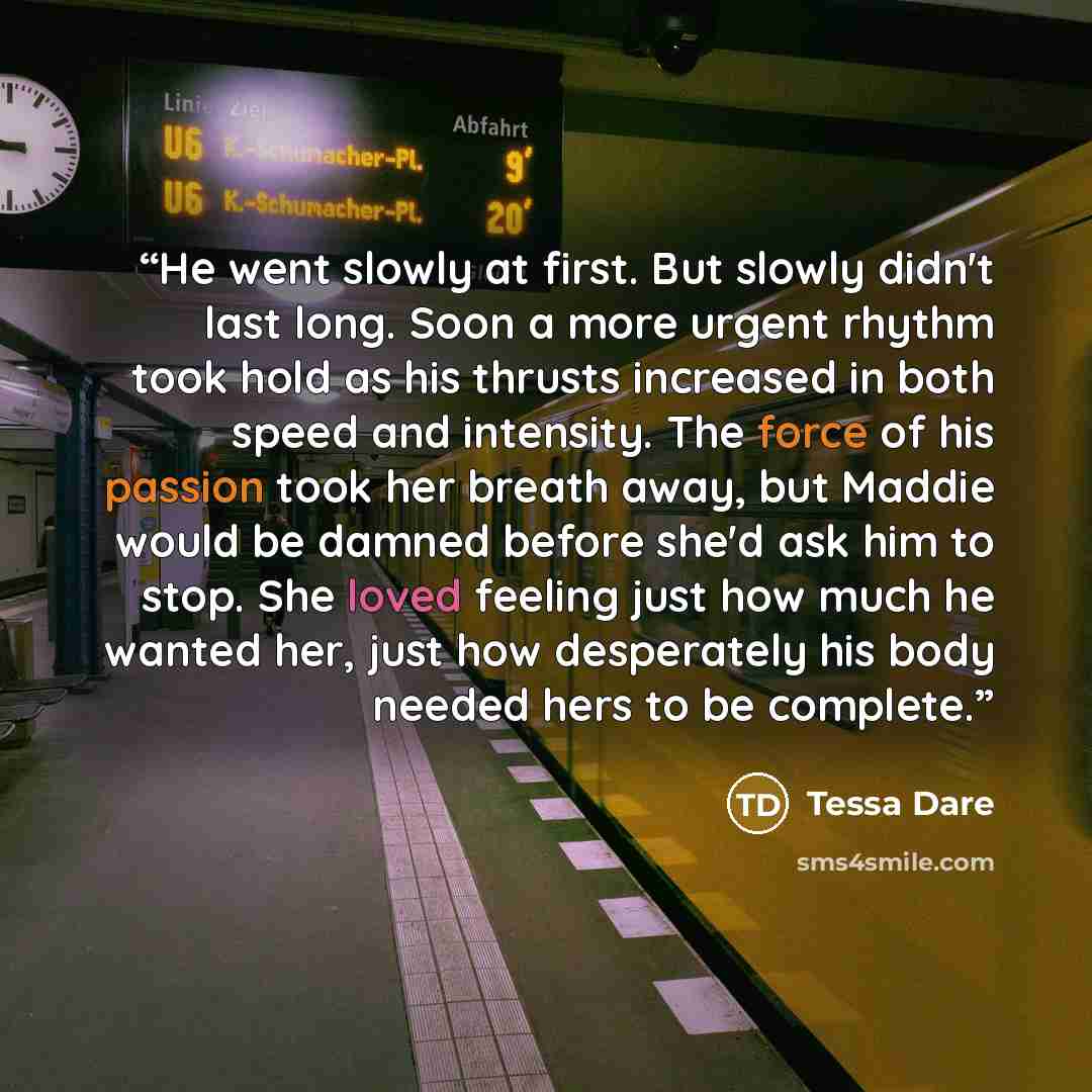 “He went slowly at first. But slowly didn't last long. Soon a more urgent rhythm took hold as his thrusts increased in both speed and intensity. The force of his passion took her breath away, but Maddie would be damned before she'd ask him to stop. She loved feeling just how much he wanted her…” quote by Tessa Dare
