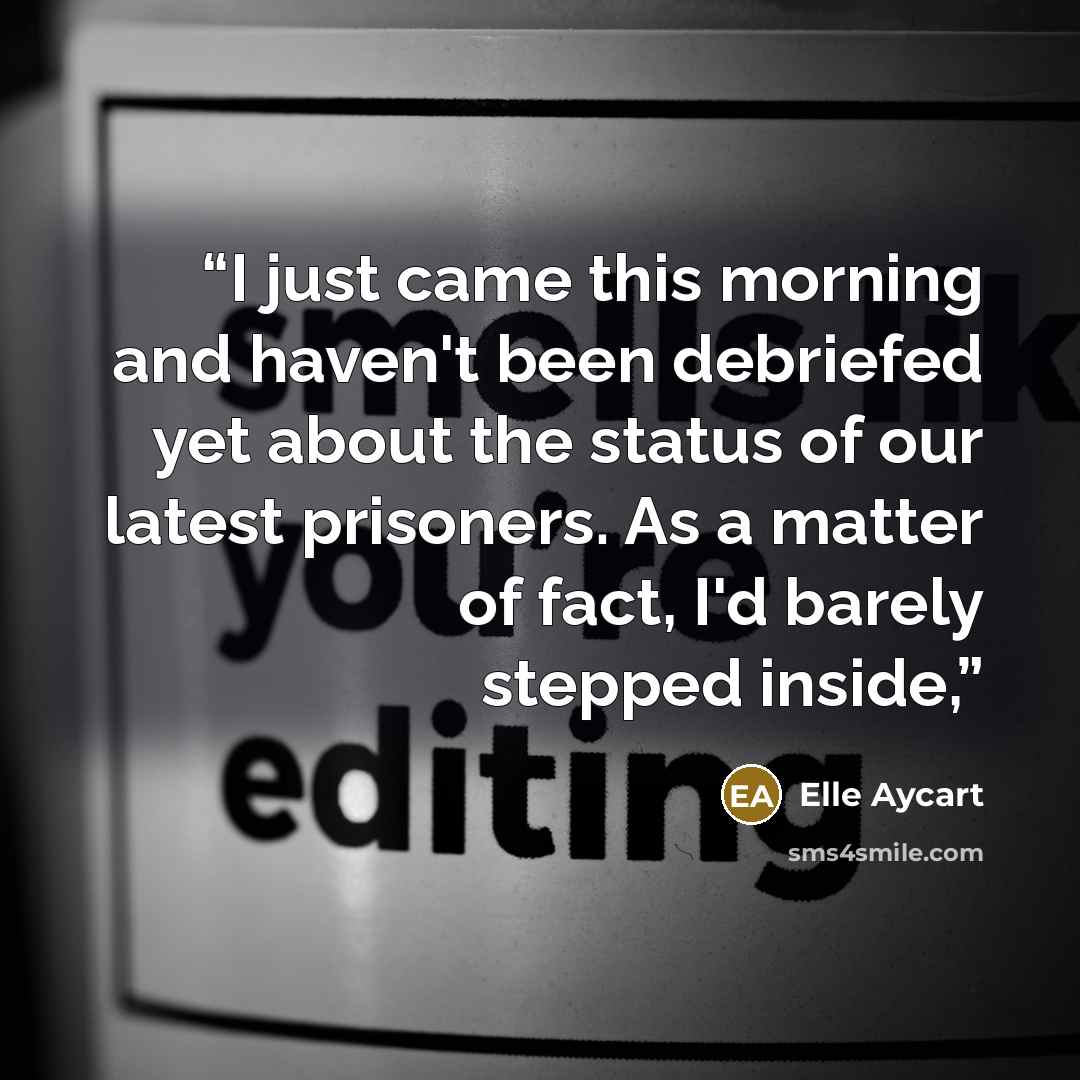 “I just came this morning and haven't been debriefed yet about the status of our latest prisoners. As a matter of fact, I'd barely stepped inside,” quote by Elle Aycart