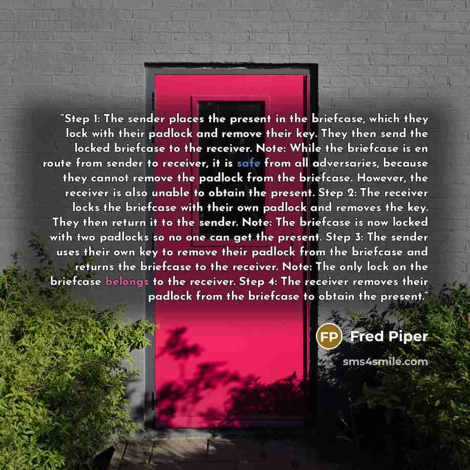 “Step 1: The sender places the present in the briefcase, which they lock with their padlock and remove their key. They then send the locked briefcase to the receiver. Note: While the briefcase is en route from sender to receiver, it is safe from all adversaries, because they cannot remove the…” quote by Fred Piper