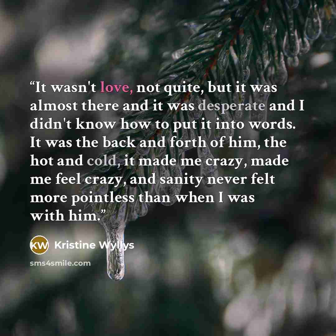 “It wasn't love, not quite, but it was almost there and it was desperate and I didn't know how to put it into words. It was the back and forth of him, the hot and cold, it made me crazy, made me feel crazy, and sanity never felt more pointless than when I was with him.” quote by Kristine Wyllys