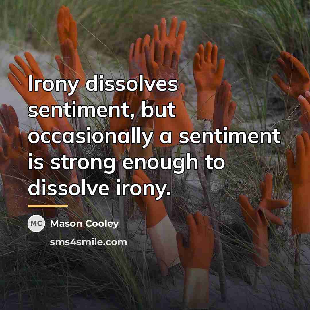 “Irony dissolves sentiment, but occasionally a sentiment is strong enough…” quote by Mason Cooley
