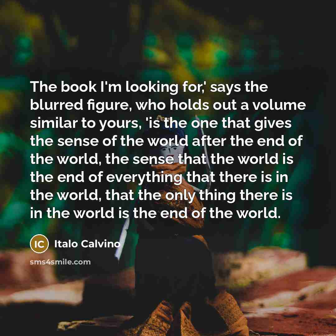 “The book I'm looking for,' says the blurred figure, who holds out a volume similar to yours, 'is the one that gives the sense of the world after the end of the world, the sense that the world is the end of everything that there is in the world, that the only thing there is in the world is the end…” quote by Italo Calvino