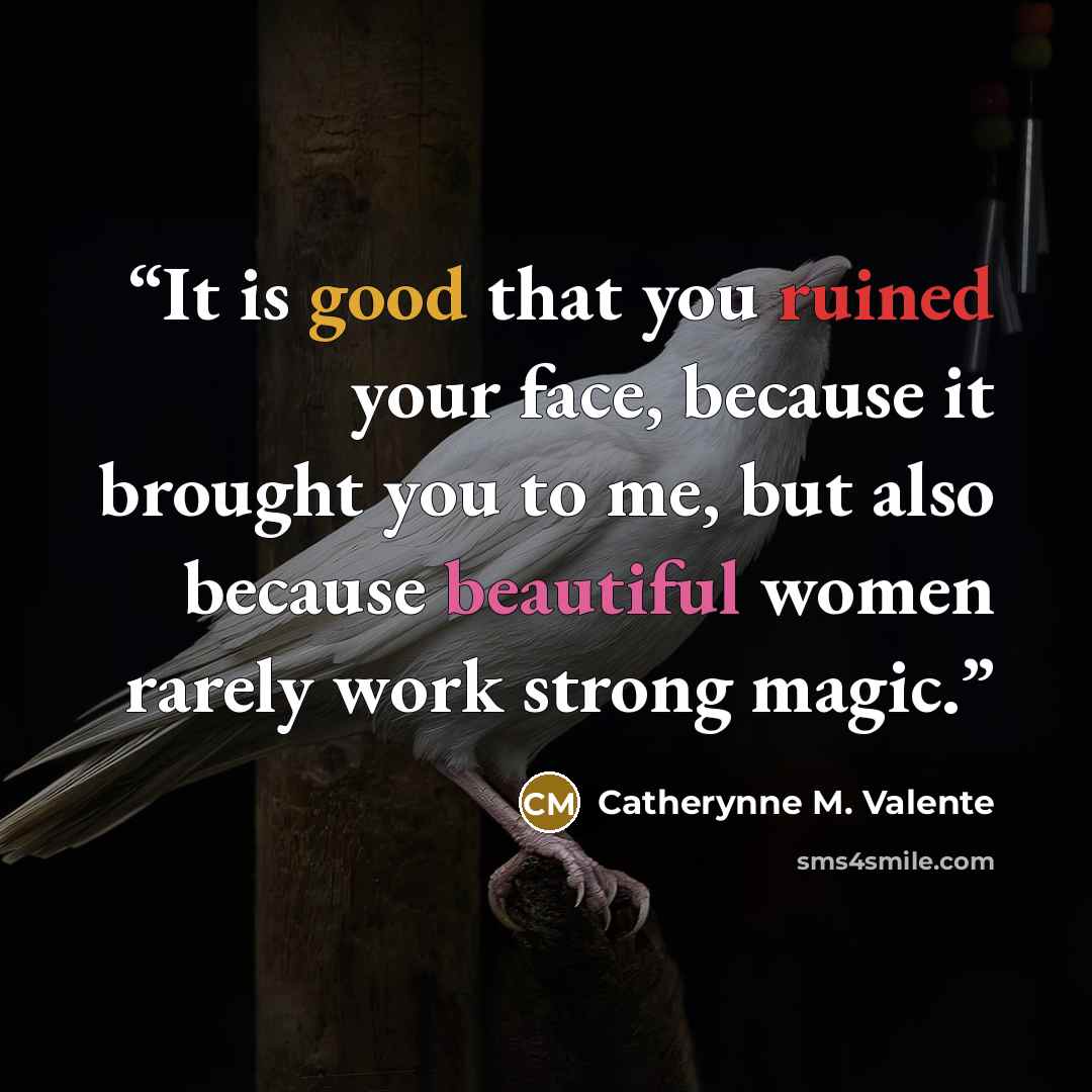 “It is good that you ruined your face, because it brought you to me, but also because beautiful women rarely work strong magic.” quote by Catherynne M. Valente