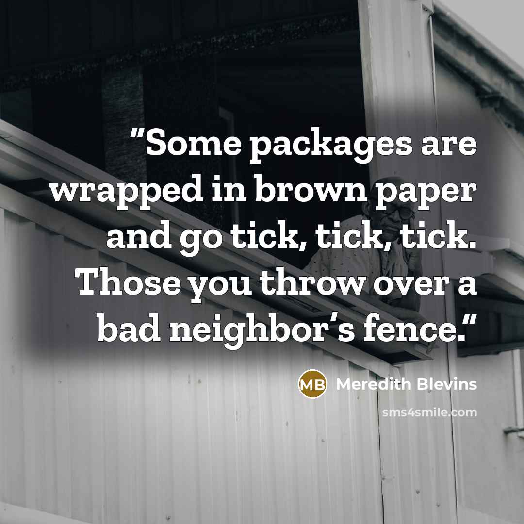“Some packages are wrapped in brown paper and go tick, tick, tick. Those you throw over a bad neighbor’s fence.” quote by Meredith Blevins