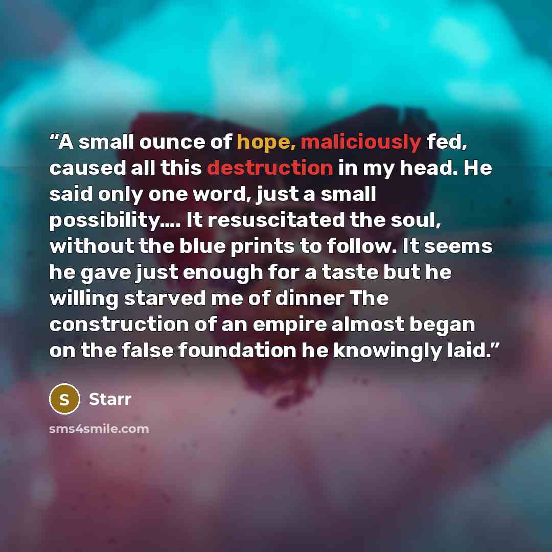“A small ounce of hope, maliciously fed, caused all this destruction in my head. He said only one word, just a small possibility…. It resuscitated the soul, without the blue prints to follow. It seems he gave just enough for a taste but he willing starved me of dinner The construction of an empire…” quote by Starr
