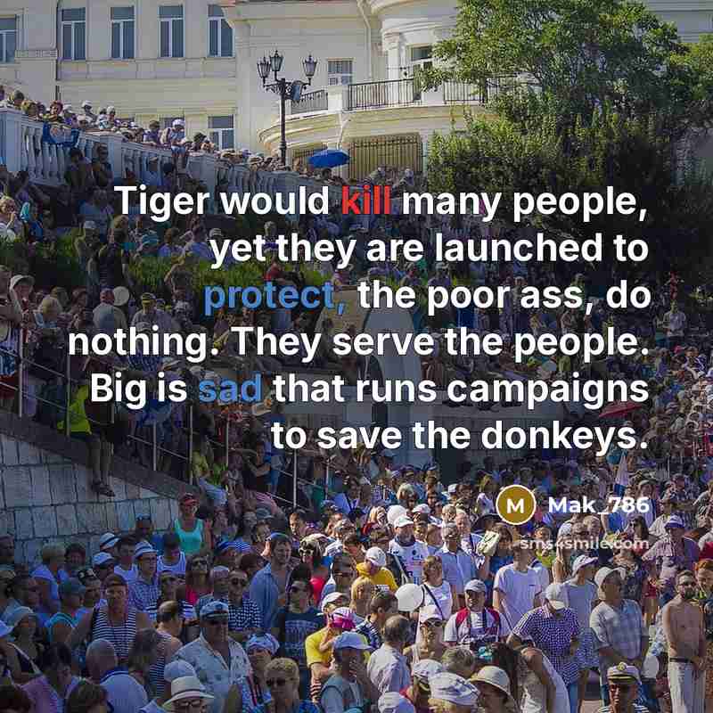 “Tiger would kill many people, yet they are launched to protect, the poor ass, do nothing. They serve the people. Big is sad that runs campaigns to save the donkeys.” quote by Mak_786