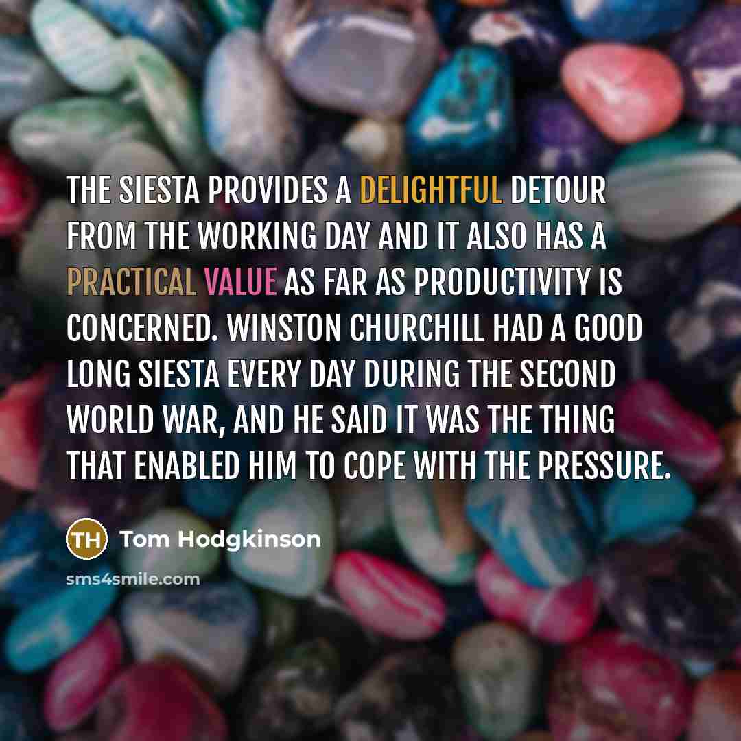 “The siesta provides a delightful detour from the working day and it also has a practical value as far as productivity is concerned. Winston Churchill had a good long siesta every day during the Second World War, and he said it was the thing that enabled him to cope with the pressure.” quote by Tom Hodgkinson