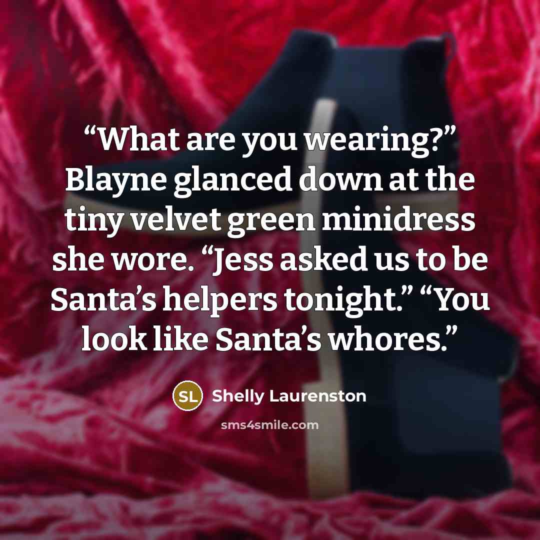 “What are you wearing?” Blayne glanced down at the tiny velvet green minidress she wore. “Jess asked us to be Santa’s helpers tonight.” “You look like Santa’s whores.” quote by Shelly Laurenston