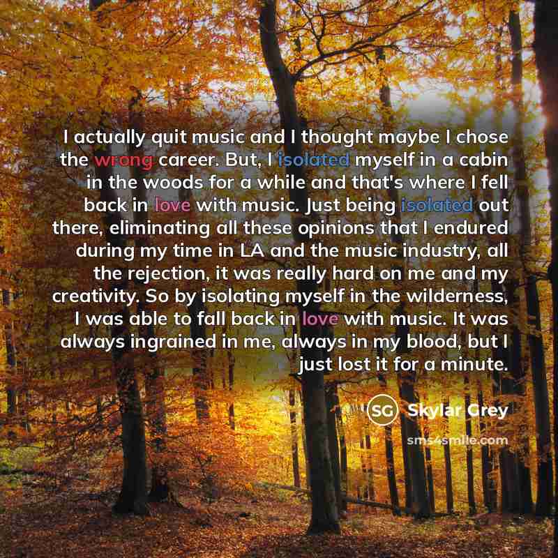“I actually quit music and I thought maybe I chose the wrong career. But, I isolated myself in a cabin in the woods for a while and that's where I fell back in love with music. Just being isolated out there, eliminating all these opinions that I endured during my time in LA and the music industry…” quote by Skylar Grey