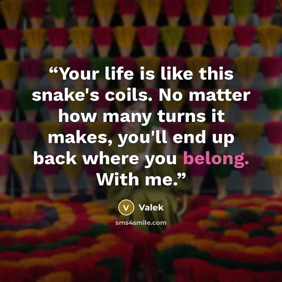 “Your life is like this snake's coils. No matter how many turns it makes, you'll end up back where you belong. With me.” quote by Valek