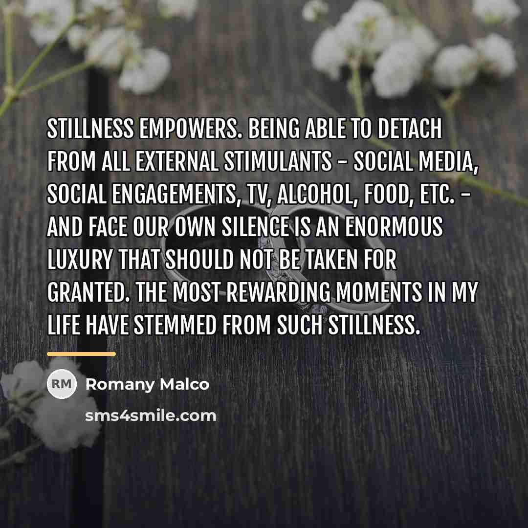 “Stillness empowers. Being able to detach from all external stimulants…” quote by Romany Malco