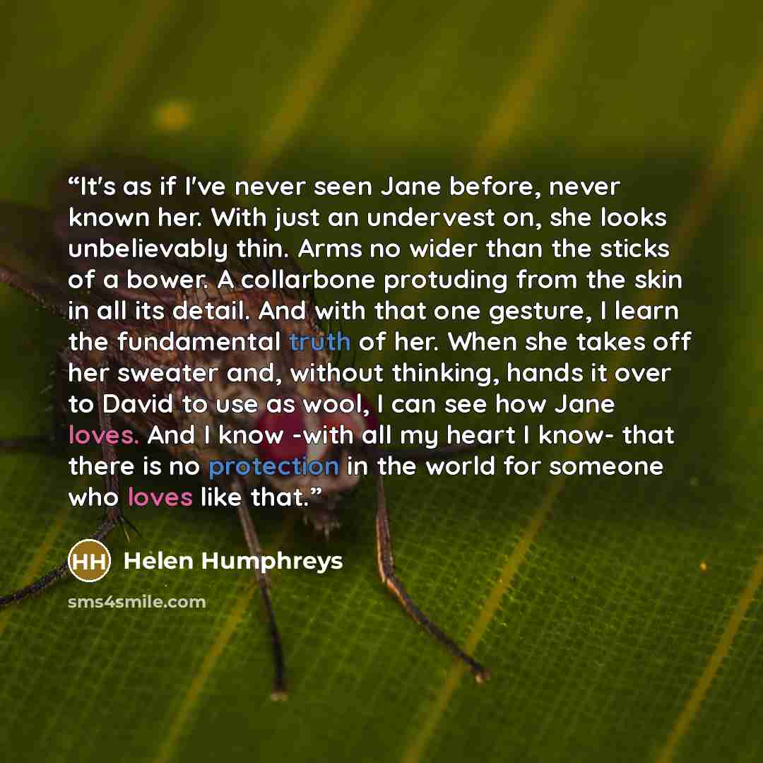 “It's as if I've never seen Jane before, never known her. With just an undervest on, she looks unbelievably thin. Arms no wider than the sticks of a bower. A collarbone protuding from the skin in all its detail. And with that one gesture, I learn the fundamental truth of her. When she takes off her…” quote by Helen Humphreys