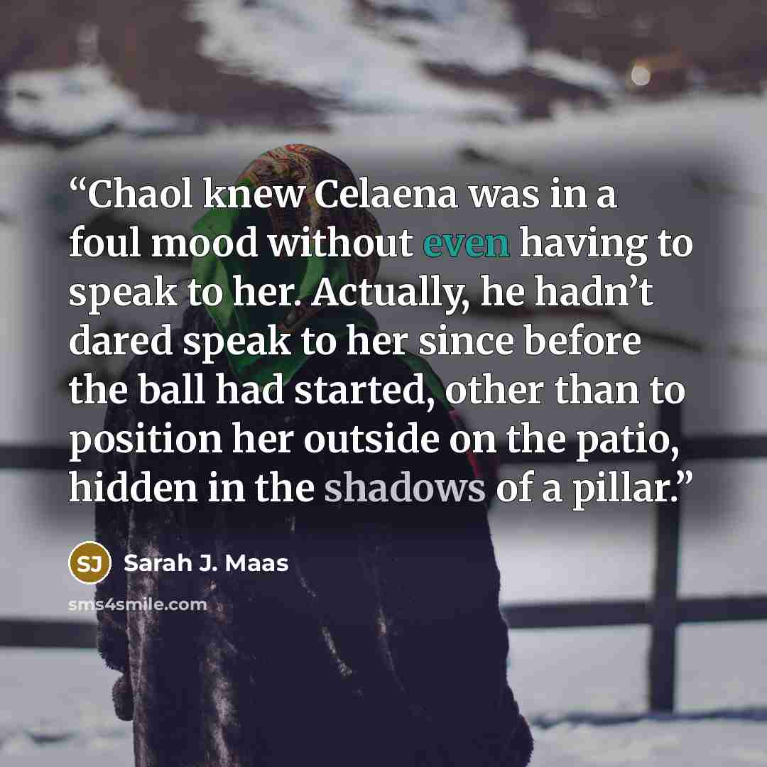 “Chaol knew Celaena was in a foul mood without even having to speak to her. Actually, he hadn’t dared speak to her since before the ball had started, other than to position her outside on the patio, hidden in the shadows of a pillar.” quote by Sarah J. Maas
