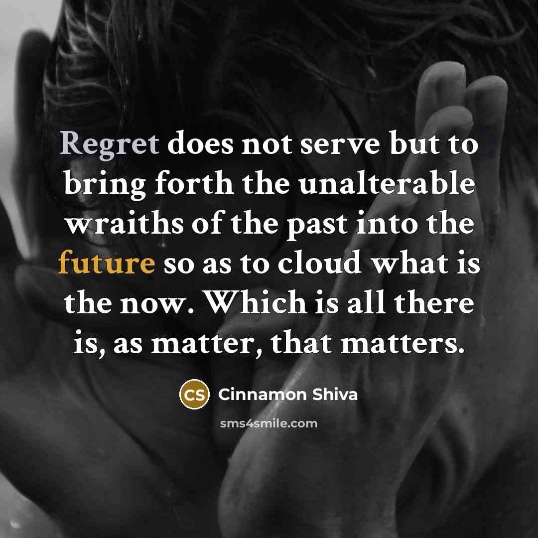 “Regret does not serve but to bring forth the unalterable wraiths of the past into the future so as to cloud what is the now. Which is all there is, as matter, that matters.” quote by Cinnamon Shiva