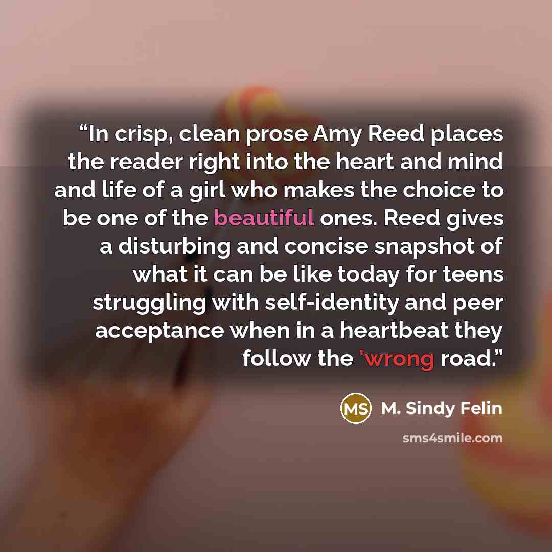 “In crisp, clean prose Amy Reed places the reader right into the heart and mind and life of a girl who makes the choice to be one of the beautiful ones. Reed gives a disturbing and concise snapshot of what it can be like today for teens struggling with self-identity and peer acceptance when in a…” quote by M. Sindy Felin