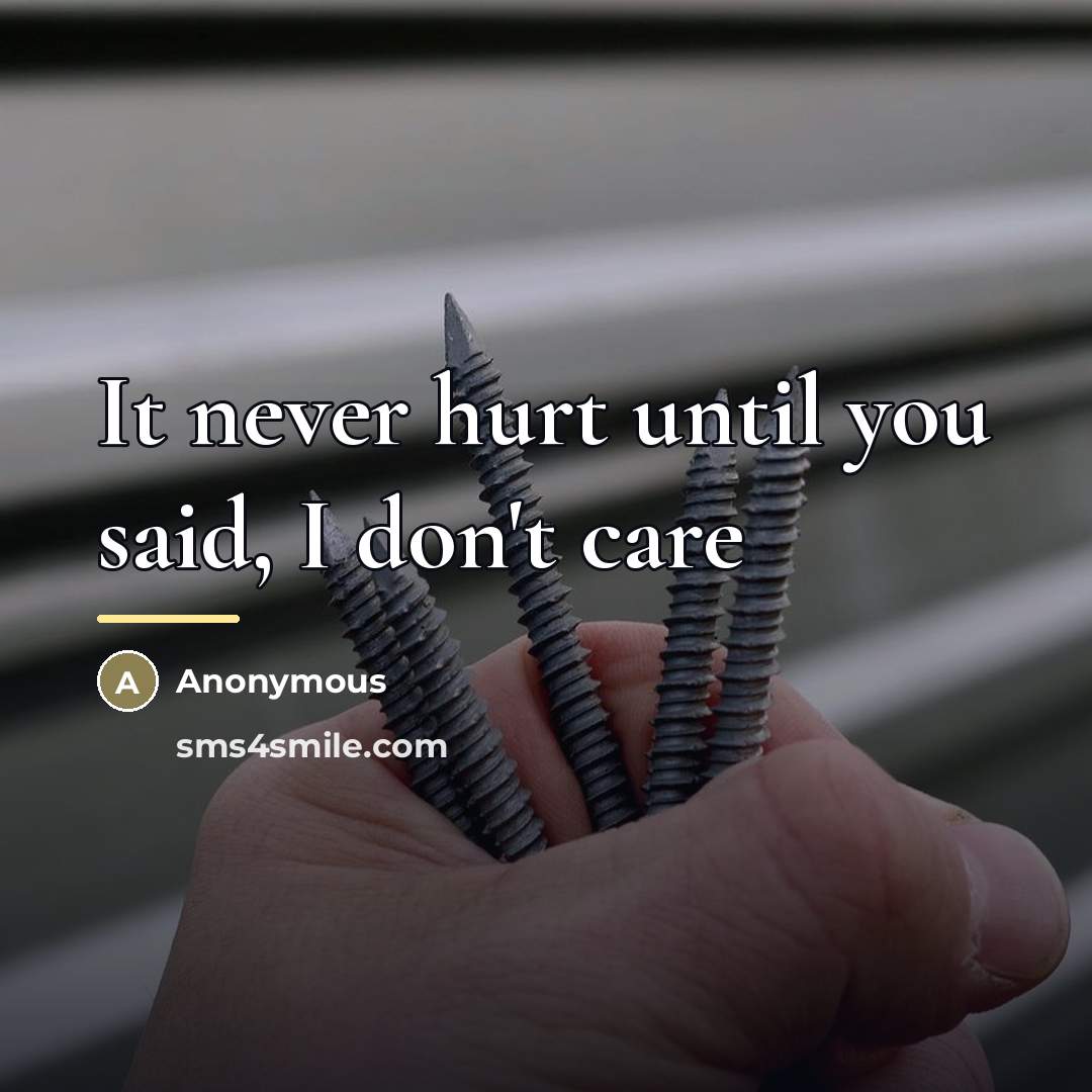 “It never hurt until you said, I don't care…” quote by Anonymous