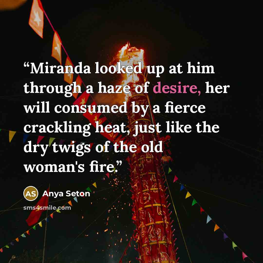 “Miranda looked up at him through a haze of desire, her will consumed by a fierce crackling heat, just like the dry twigs of the old woman's fire.” quote by Anya Seton