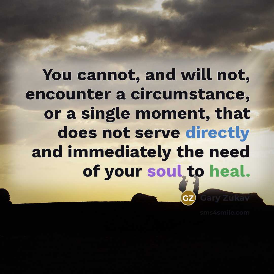 “You cannot, and will not, encounter a circumstance, or a single moment, that does not serve directly and immediately the need of your soul to heal.” quote by Gary Zukav