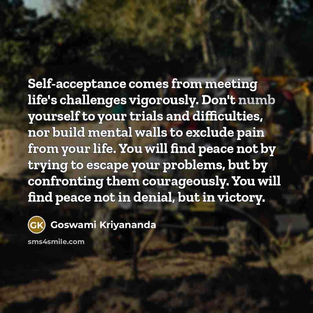 “Self-acceptance comes from meeting life's challenges vigorously. Don't numb yourself…” quote by Goswami Kriyananda