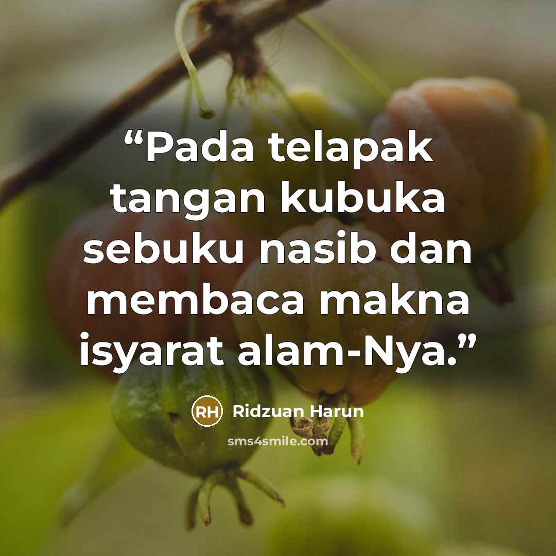 “Pada telapak tangan kubuka sebuku nasib dan membaca makna isyarat alam-Nya.” quote by Ridzuan Harun