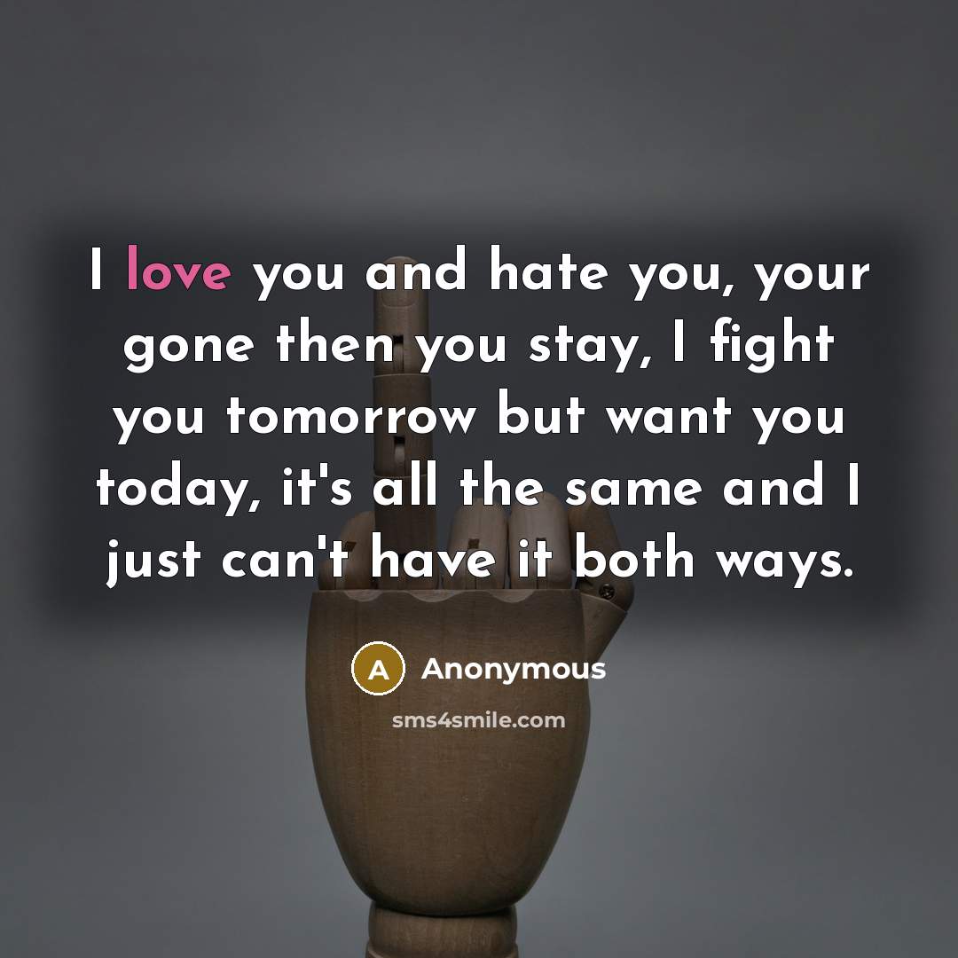“I love you and hate you, your gone then you…” quote by Anonymous