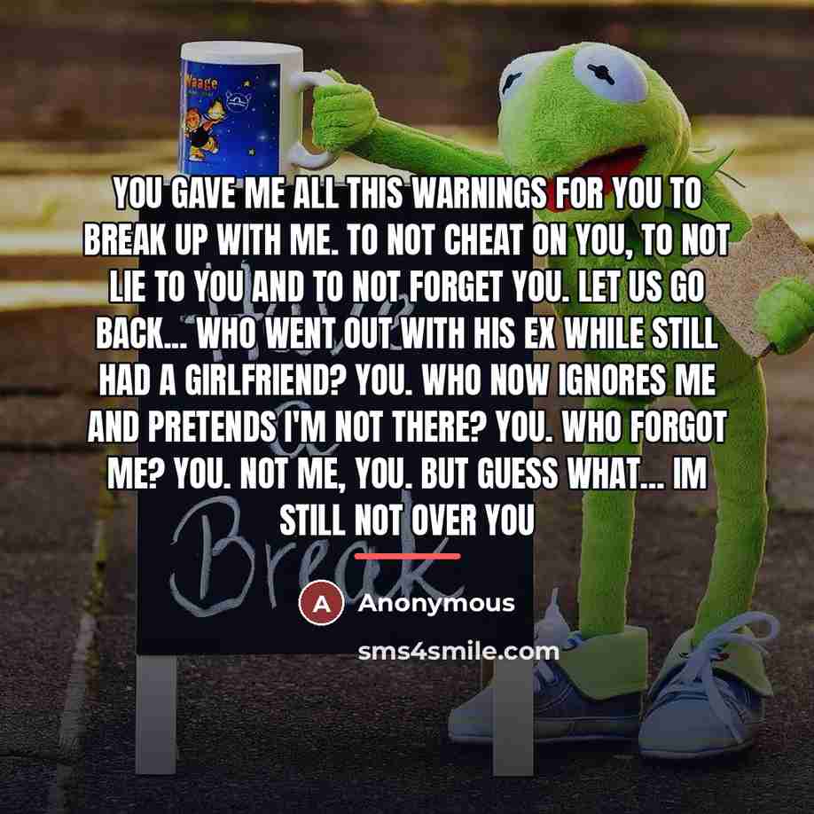 “You gave me all this warnings for you to break up with me. To not cheat on you, to not lie to you and to not forget you. Let us go back... Who went out with his ex while still had a girlfriend? You. Who now ignores me and pretends I'm not there? You. Who forgot me? You. Not me, you. But guess…” quote by Anonymous