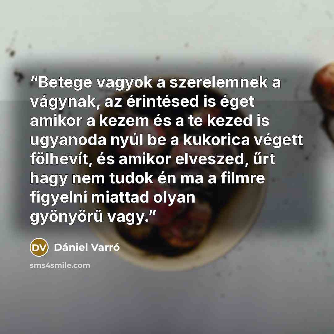 “Betege vagyok a szerelemnek a vágynak, az érintésed is éget amikor a kezem és a te kezed is ugyanoda nyúl be a kukorica végett fölhevít, és amikor elveszed, űrt hagy nem tudok én ma a filmre figyelni miattad olyan gyönyörű vagy.” quote by Dániel Varró