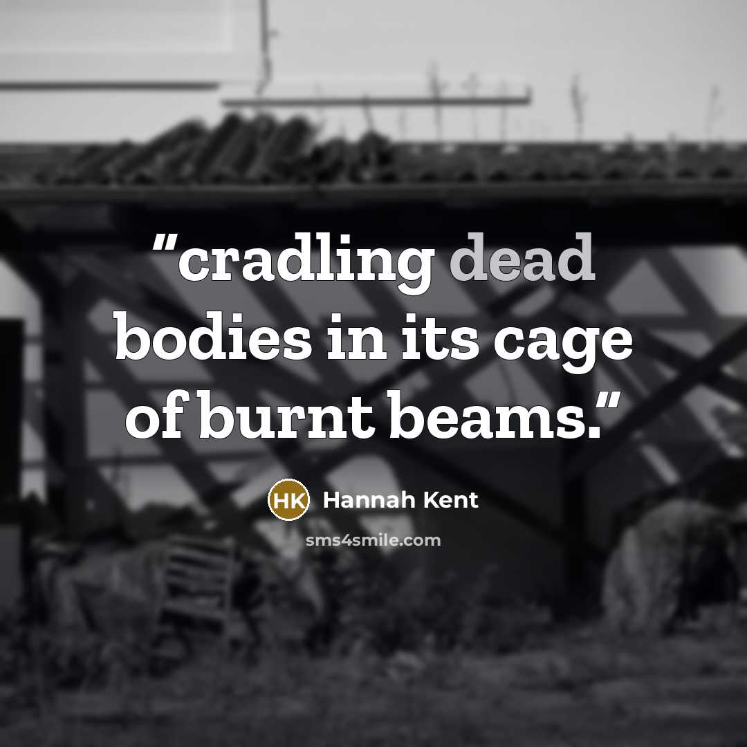 “cradling dead bodies in its cage of burnt beams.” quote by Hannah Kent