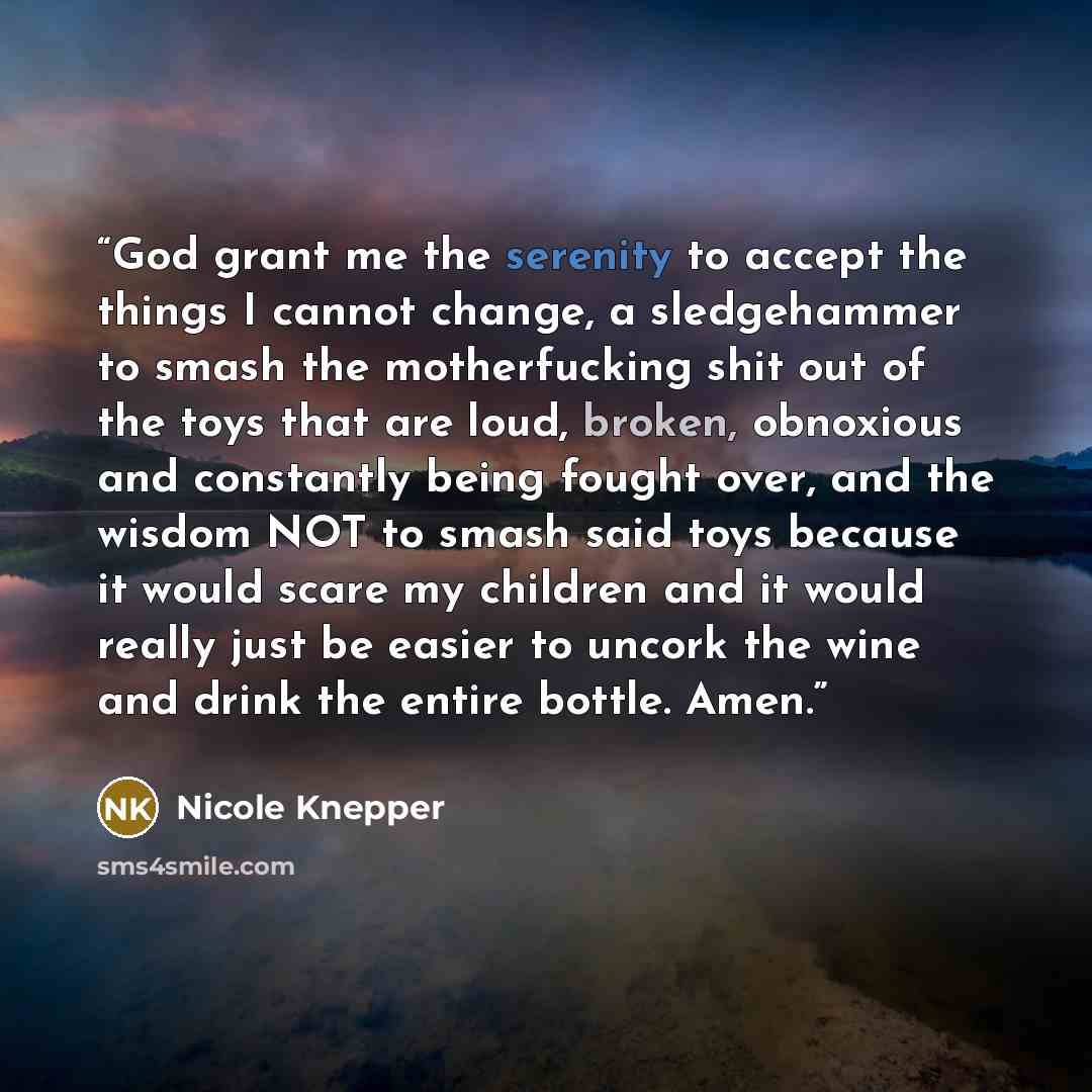 “God grant me the serenity to accept the things I cannot change, a sledgehammer to smash the motherfucking shit out of the toys that are loud, broken, obnoxious and constantly being fought over, and the wisdom NOT to smash said toys because it would scare my children and it would really just be…” quote by Nicole Knepper