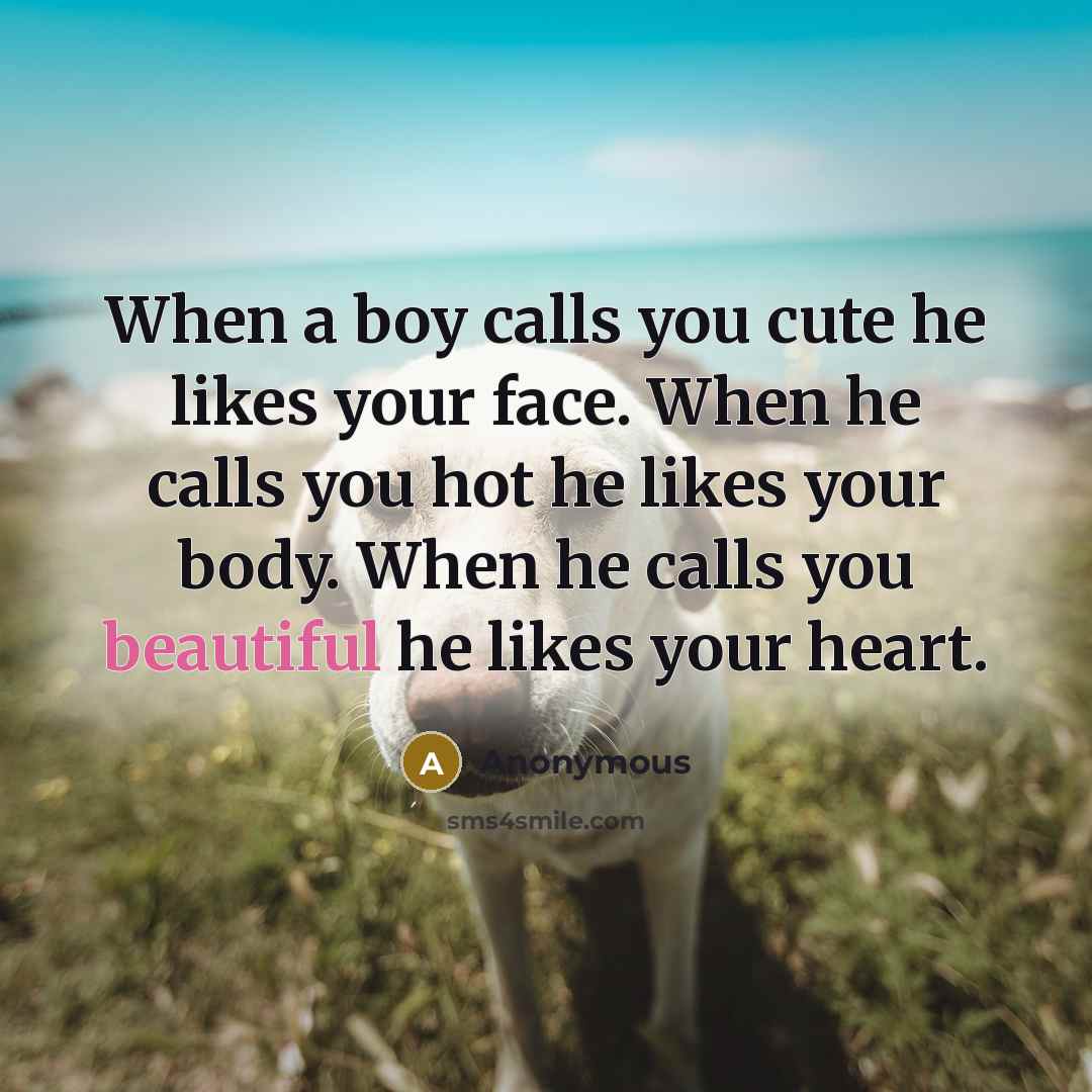 “When a boy calls you cute he likes your face. When he calls you hot he likes your body. When he calls you beautiful he likes your heart.” quote by Anonymous
