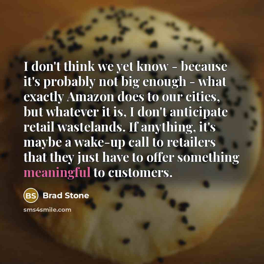 “I don't think we yet know - because it's probably not big enough - what exactly Amazon does to our cities, but whatever it is, I don't anticipate retail wastelands. If anything, it's maybe a wake-up call to retailers that they just have to offer something meaningful to customers.” quote by Brad Stone