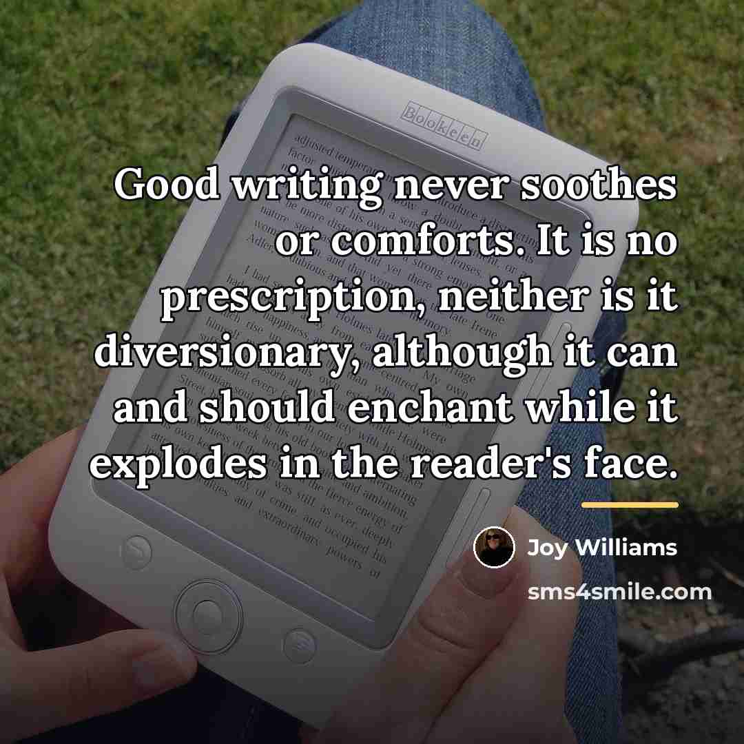 “Good writing never soothes or comforts. It is no prescription,…” quote by Joy Williams