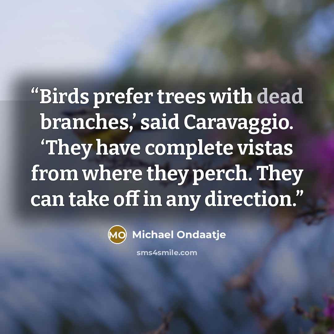 “Birds prefer trees with dead branches,’ said Caravaggio. ‘They have complete vistas from where they perch. They can take off in any direction.” quote by Michael Ondaatje