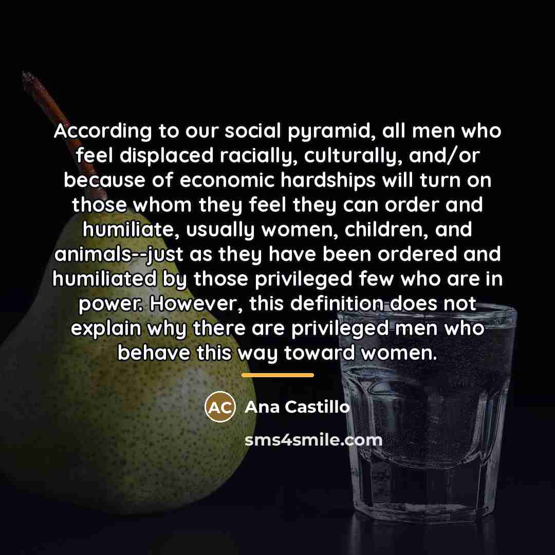 “According to our social pyramid, all men who feel displaced…” quote by Ana Castillo