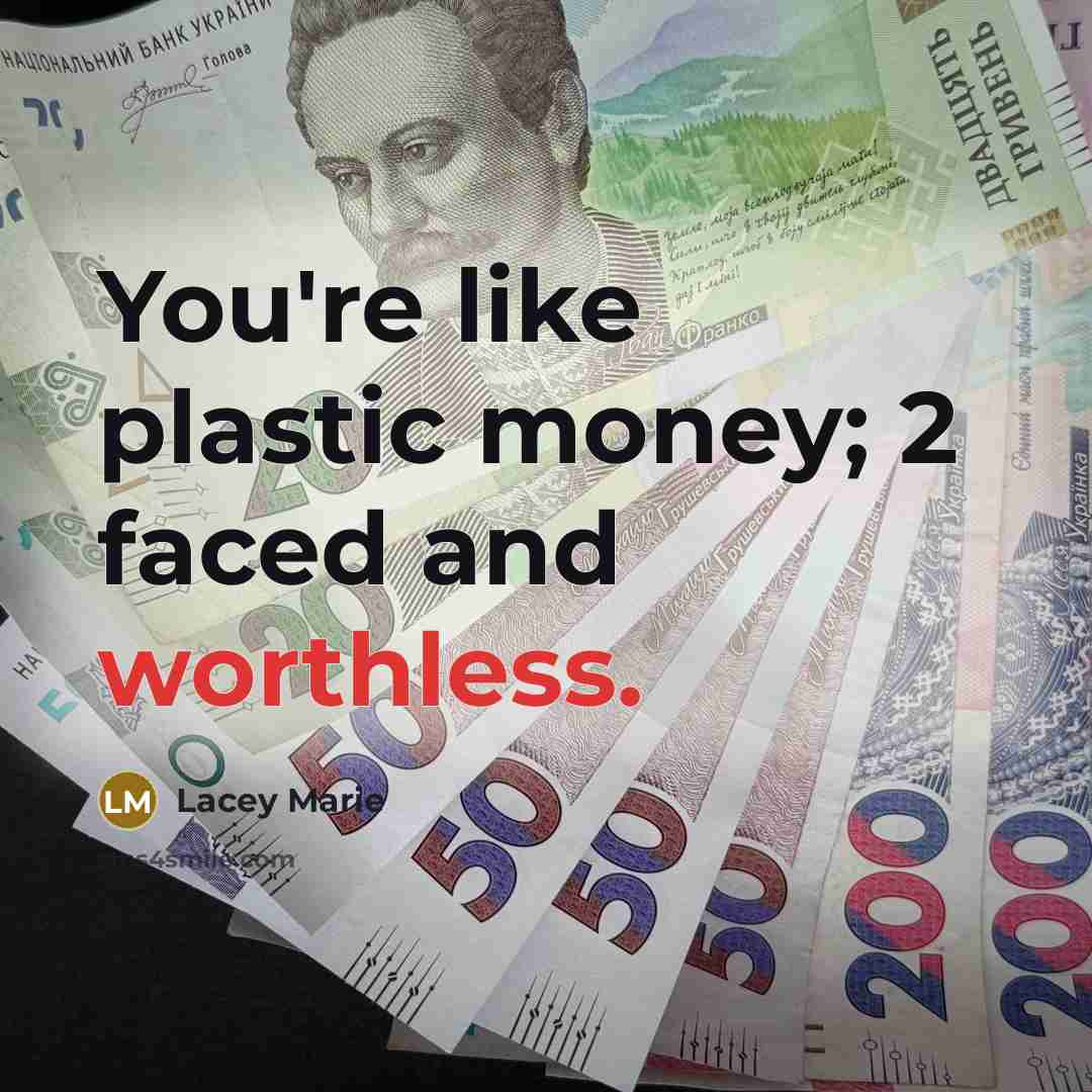 “You're like plastic money; 2 faced and worthless.” quote by Lacey Marie
