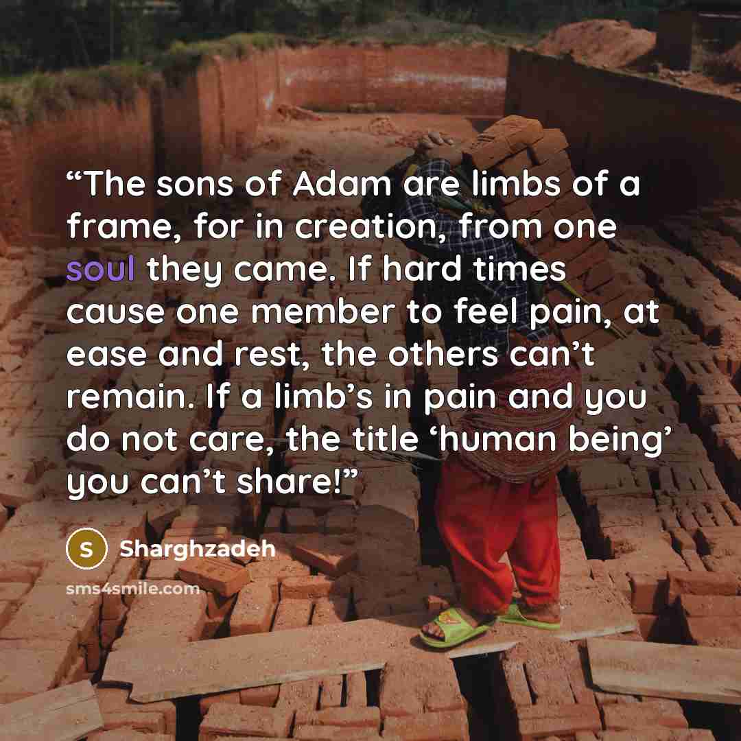 “The sons of Adam are limbs of a frame, for in creation, from one soul they came. If hard times cause one member to feel pain, at ease and rest, the others can’t remain. If a limb’s in pain and you do not care, the title ‘human being’ you can’t share!” quote by Sharghzadeh