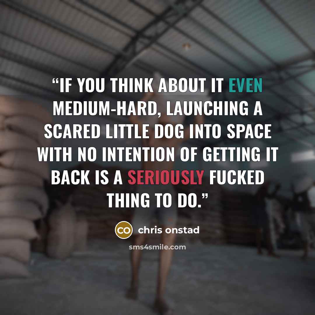 “If you think about it even medium-hard, launching a scared little dog into space with no intention of getting it back is a seriously fucked thing to do.” quote by chris onstad