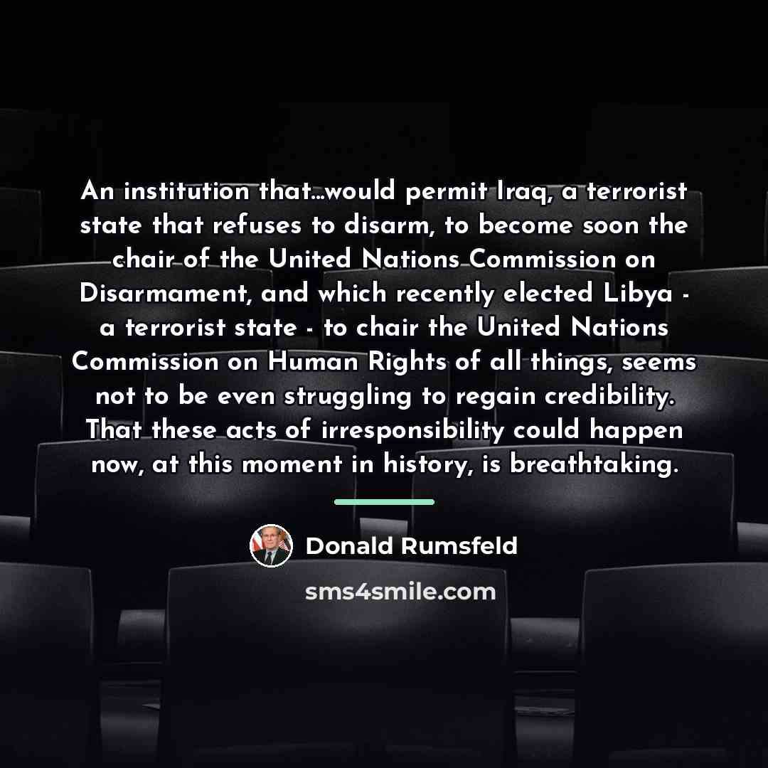“An institution that...would permit Iraq, a terrorist state that refuses…” quote by Donald Rumsfeld