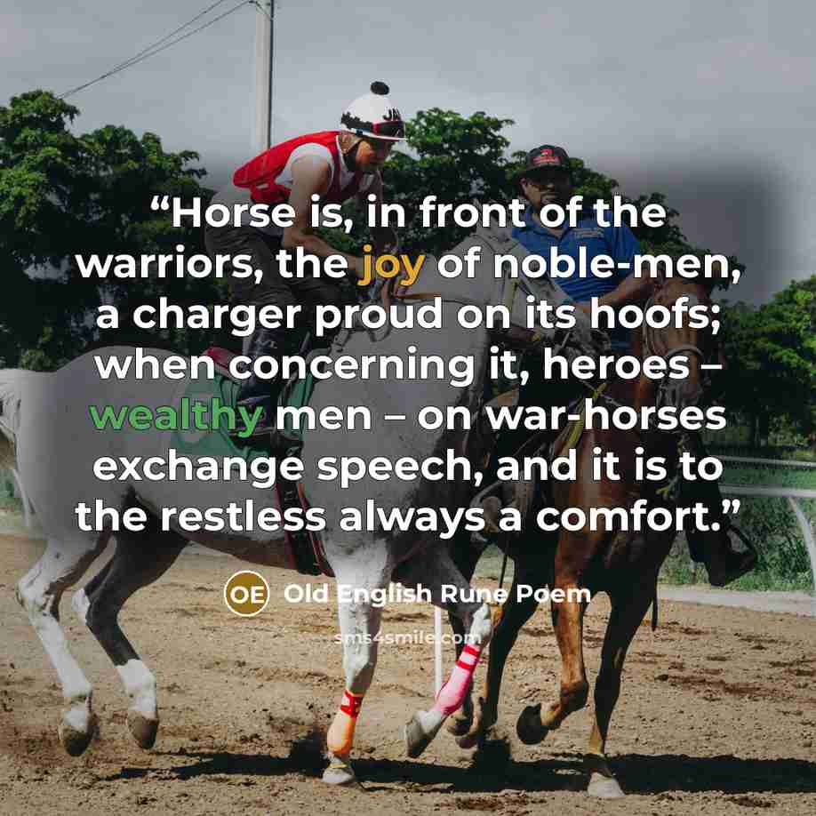 “Horse is, in front of the warriors, the joy of noble-men, a charger proud on its hoofs; when concerning it, heroes – wealthy men – on war-horses exchange speech, and it is to the restless always a comfort.” quote by Old English Rune Poem