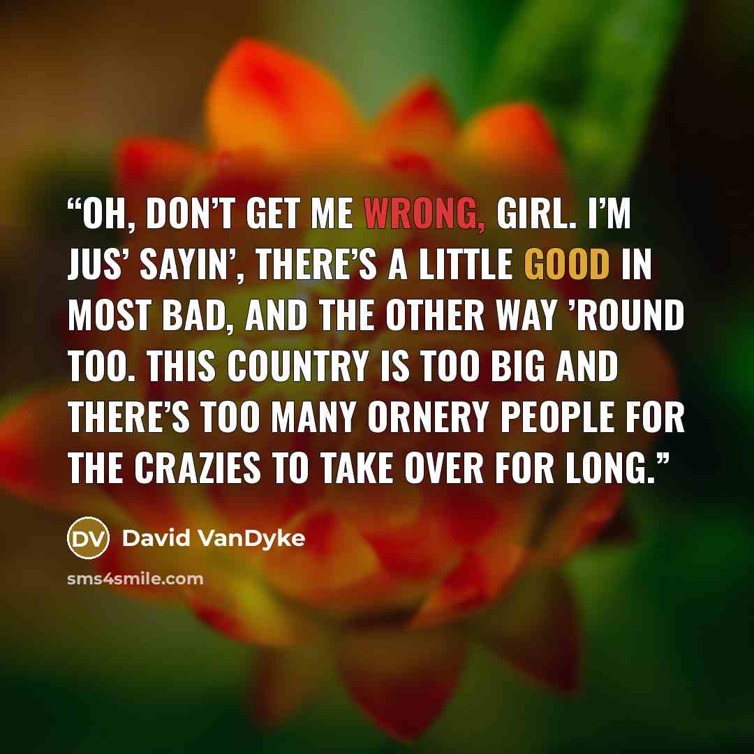 “Oh, don’t get me wrong, girl. I’m jus’ sayin’, there’s a little good in most bad, and the other way ’round too. This country is too big and there’s too many ornery people for the crazies to take over for long.” quote by David VanDyke