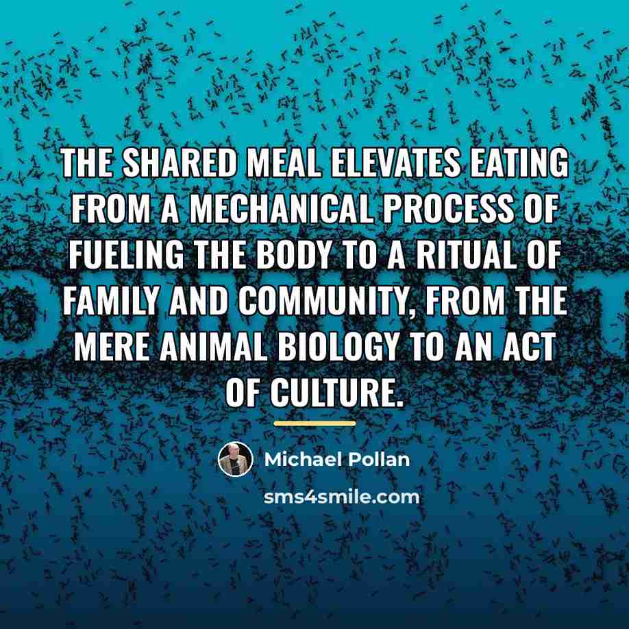 “The shared meal elevates eating from a mechanical process of…” quote by Michael Pollan