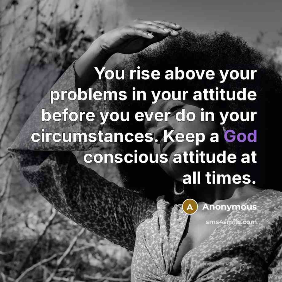 “You rise above your problems in your attitude before you ever do in your circumstances. Keep a God conscious attitude at all times.” quote by Anonymous