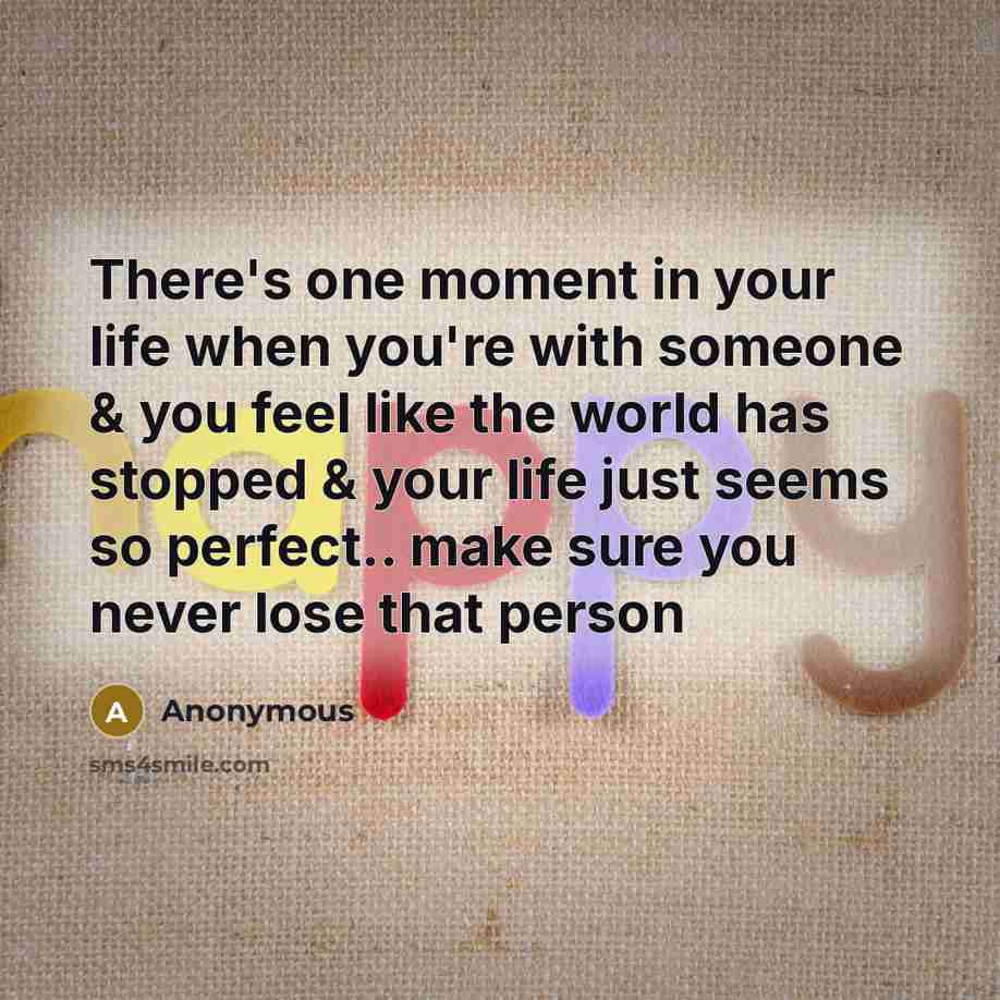 “There's one moment in your life when you're with someone & you feel like the world has stopped & your life just seems so perfect.. make sure you never lose that person” quote by Anonymous