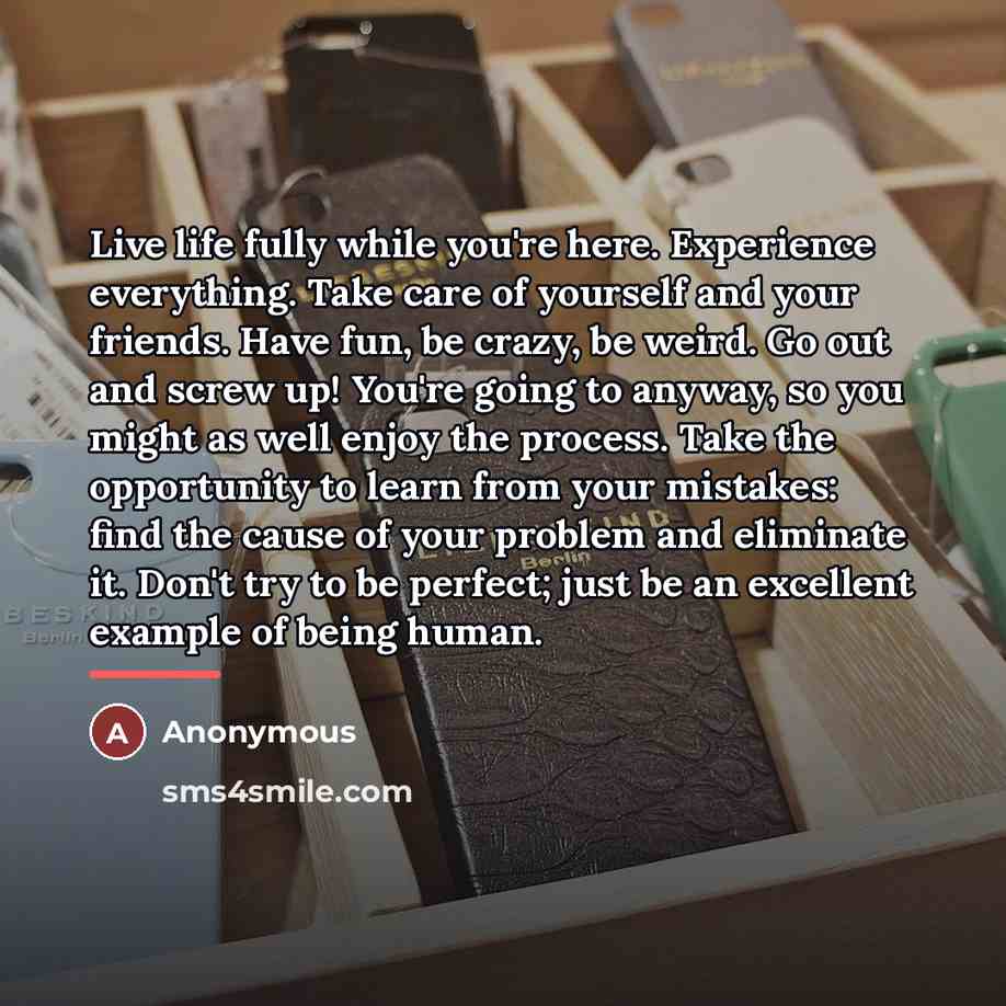 “Live life fully while you're here. Experience everything. Take care…” quote by Anonymous