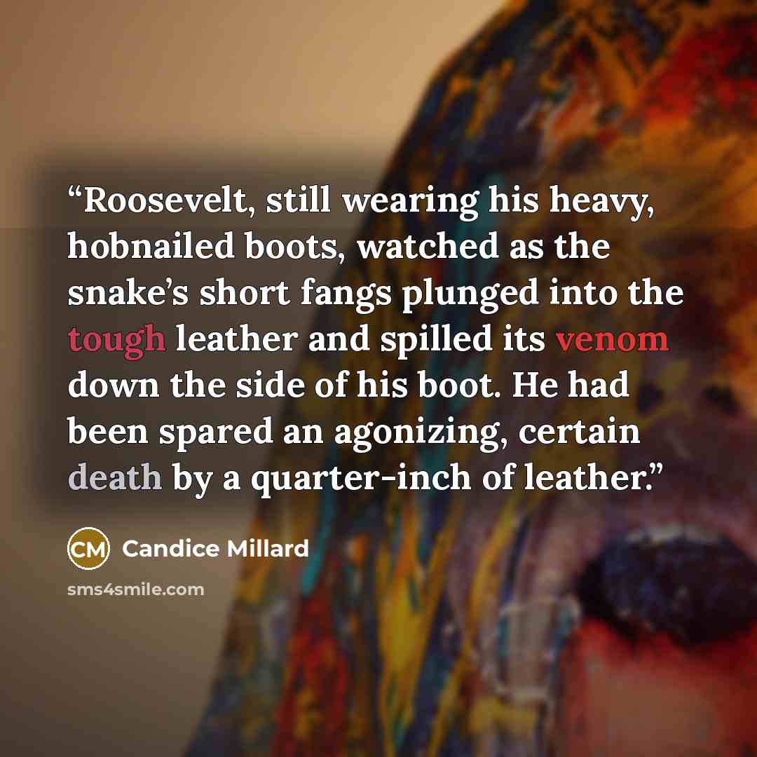 “Roosevelt, still wearing his heavy, hobnailed boots, watched as the snake’s short fangs plunged into the tough leather and spilled its venom down the side of his boot. He had been spared an agonizing, certain death by a quarter-inch of leather.” quote by Candice Millard