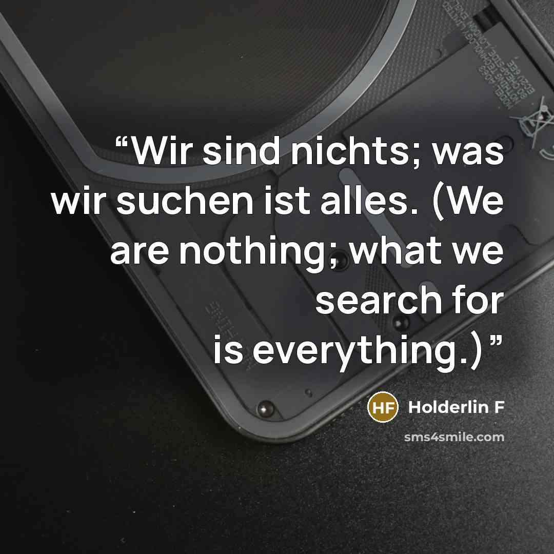 “Wir sind nichts; was wir suchen ist alles. (We are nothing; what we search for is everything.)” quote by Holderlin F