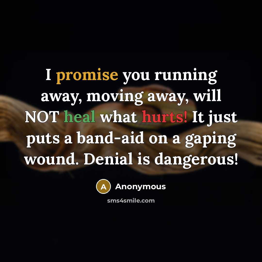 “I promise you running away, moving away, will NOT heal what hurts! It just puts a band-aid on a gaping wound. Denial is dangerous!” quote by Anonymous