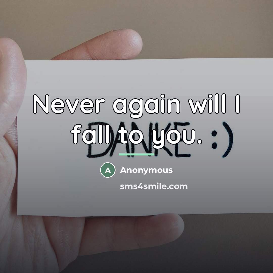 “Never again will I fall to you.…” quote by Anonymous