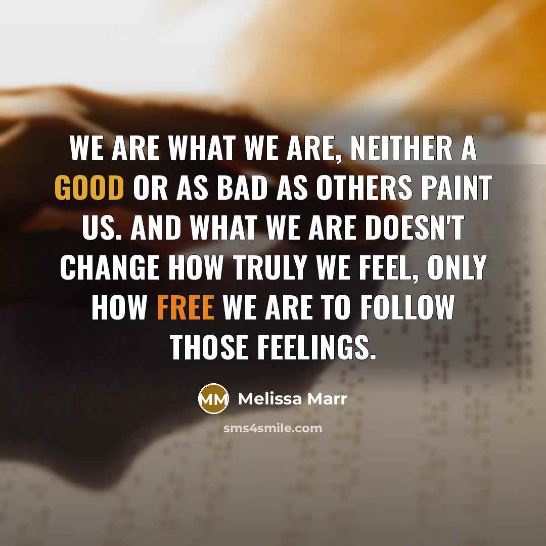 “We are what we are, neither a good or as bad as others paint us. And what we are doesn't change how truly we feel, only how free we are to follow those feelings.” quote by Melissa Marr