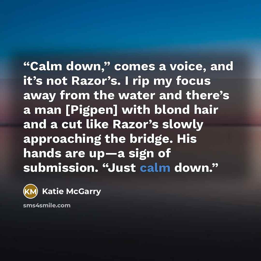 “Calm down,” comes a voice, and it’s not Razor’s. I rip my focus away from the water and there’s a man [Pigpen] with blond hair and a cut like Razor’s slowly approaching the bridge. His hands are up—a sign of submission. “Just calm down.” quote by Katie McGarry